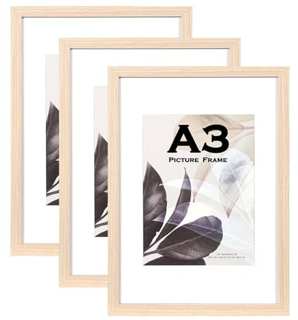 Lärdande träd naturlig trä bildram A3 med matta, uppsättning av 3, montering för A4-bild eller certifikat, väggmonterbar