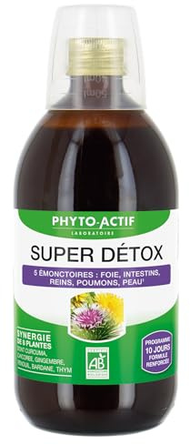 PHYTO-ACTIF | Cocktail Super Détox | Complément alimentaire Détox | Soutient les 5 émonctoires: Foi, Inestins, Reins, Poumons, Peau | Formule Bio renforcée | Synergie de 8 plantes | 500 ml