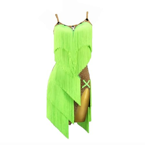 LIUHUO Abito da ballo latino da donna, con pompon, competizione, elegante, dinamico, verde, S