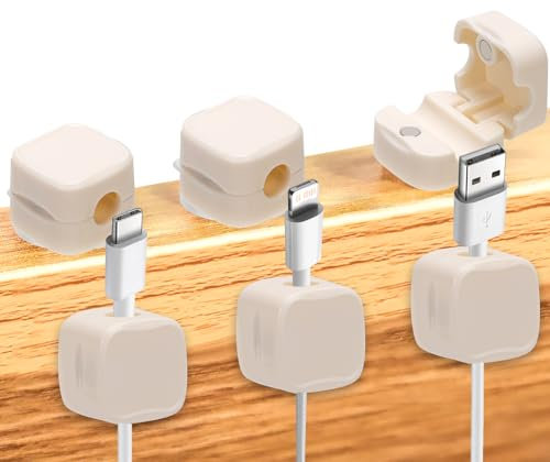 Lot de 6 supports de câbles magnétiques pour chargeur de téléphone, clips de câbles de bureau auto-adhésifs pour la maison, le bureau, la cuisine, le mur, la voiture, le bureau (crème)