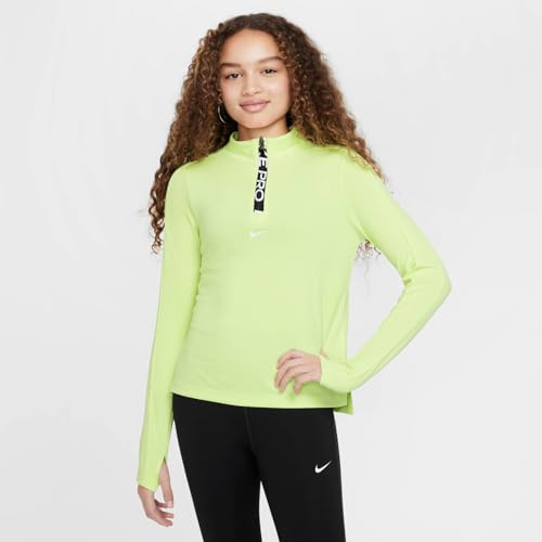 Nike Pro Camiseta De Manga Larga con Media Cremallera Dri-Fit - Niña, Lt Lemon Twist/White, FN9025-736, M