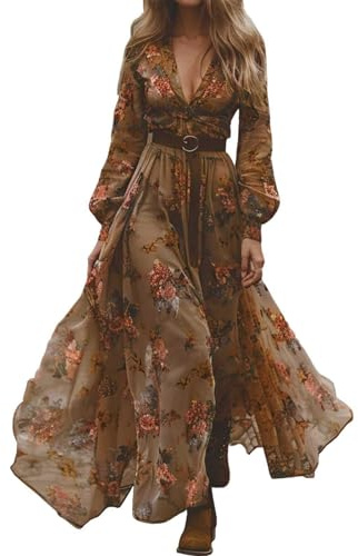 Abito da donna lungo estivo con motivo floreale, estivo, casual, per vacanze, stile boho, a maniche lunghe, stile vintage, rustico, con scollo a V, maxi abito floreale per matrimonio Western Country