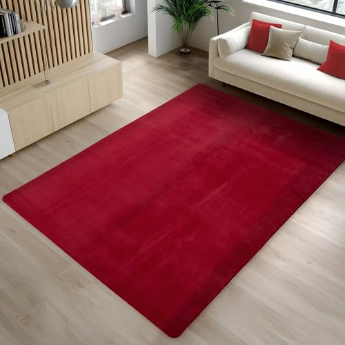 Carpetsale24 Kurzflor Teppich Wohnzimmer 120 x 160 cm Rot - Teppich Waschbar, rutschfest, Weich, modern einfarbig Design - für Schlafzimmer, Küche, Esszimmer