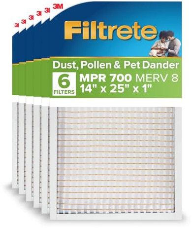 Filtrete 14x25x1 AC Furnace Air Filter, MPR 700, MERV 8, Tough on Pollen, Easy on Airflow, 3-Month Pleated 1-Inch Electrostatic Air Cleaning Filter, 6-Pack (Actual Size 13.81 x 24.81 x 0.81 in)