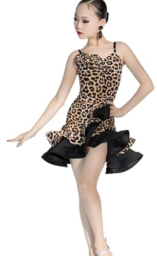 OTMYIGO Vestito da Ballo Latino da Bambina, 2 Pezzi, Completo da Ballo da Sala, Canotta, Abito da Competizione per Salsa Moderna,Leopard Color,170