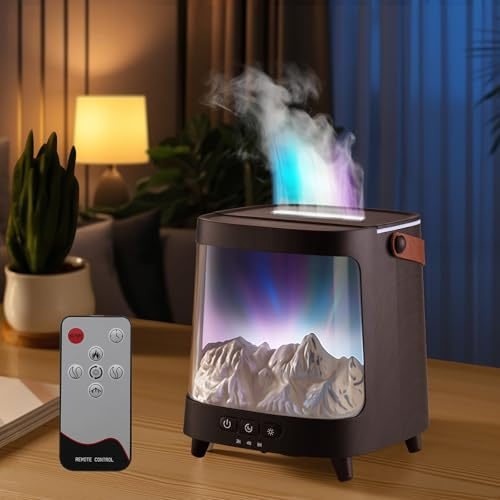 Diffuseur Huiles Essentielles avec Télécommande, Diffuseur Parfum Maison avec Paysage Montagne Enneigée et 7 Couleurs Lumière/Aurores Boréales Effet Flamme, 200 ML Humidificateur d'air Chambre