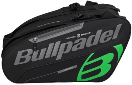 Bullpadel - Sac à raquettes Tour Noir, avec détails verts, compartiments pour raquettes, compartiment pour vêtements ou matériel et poches auxiliaires, poignées rembourrées et poignée pour le
