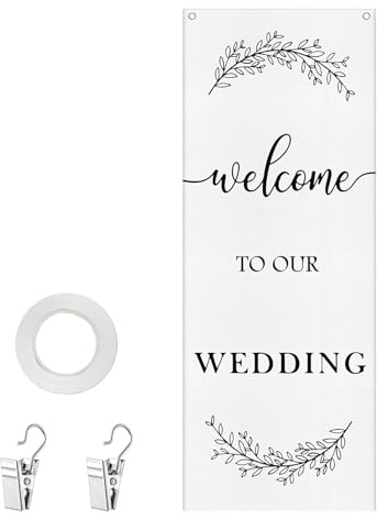 Wasise Cartello di benvenuto per matrimonio, 152 x 160 cm, cartello con scritta Welcome to Our Wedding, striscione rustico per matrimoni con nastro di raso e clip di fissaggio, striscione in