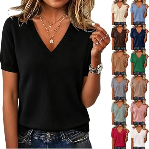 XIANZHE Pull Femme Manches Courtes Col V Top Tricoté Élégant Coupe Cintrée Haut Chic et Tendance pour Le Printemps