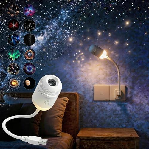 2-i-1 galaxprojektor nattlampa med 12 projektionsfilmer, 360° roterande stjärnhimmelprojektor, USB galaxprojektor LED-lampa, HD mjölkig väg humörbelysning för sovrum bil, nebulosa takdekor gåva