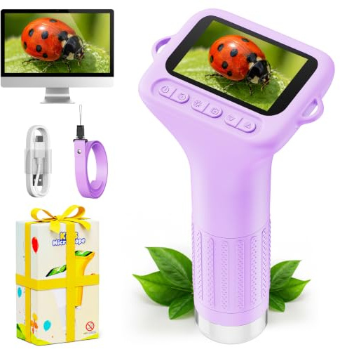 ASPOVEN Microscope Enfant 1000X, Écran IPS 2, Photo & Vidéo (Violet) | Microscope Numérique avec 8 LED Réglables, Mise au Point Manuelle, Cadeau Scientifique pour Garçons et Filles