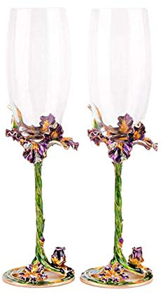 YBK Tech Handgjorda emalj hantverk kristall vinglas champagneglas set med 5 cm presentask, iris design (grön iris)