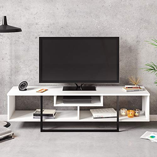 DECOROTIKA Asal Meuble TV Moderne 150 cm avec Rangement – Banc TV Minimaliste pour téléviseurs Jusqu’à 65'' – Blanc et Noir