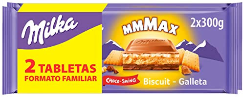 Milka MMMAX Choco Swing Tableta Grande de Chocolate con Leche de los Alpes con Galleta, Relleno de Crema de Leche y Relleno de Crema de Cacao, Formato Familiar 2 x 300 g