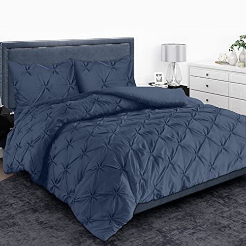 MH Home Pintuck Single Duvet Cover Set - 200 Thread Count 100% Egyptian Cotton Pinch Pleated Quilt Bedding Covers Set (Navy Blue, Single)