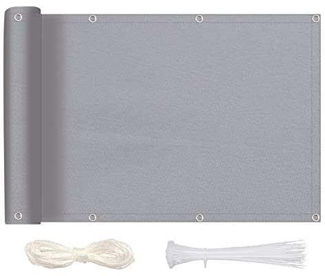 MEEYI Sichtschutz Balkon Sichtschutz 80x350cm, Balkonverkleidung Blickdichte Wind- und UV-Schutz Wetterfest 100% Privatsphäre Balkonverkleidung mit Ösen, Nylon Kabelbinder und Kordel, Hellgrau
