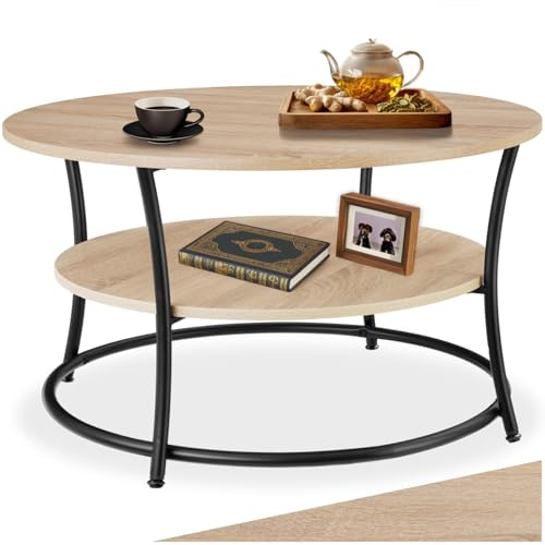 tectake® Mesa de Centro Industrial con Madera Aglomerada y Acero, Mesa Redonda, Decoracion Hogar, Mesita Auxiliar Salon, Mesas de Centro - 80 x 80 x 46 cm Madera Industrial Clara, Roble Sonoma