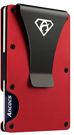 Ancocs Credit Card Holder Minimalist Design with Metal Money Clip -NFC RFID Blocking Slim Aluminum Wallet Purse Card Organizer（red）