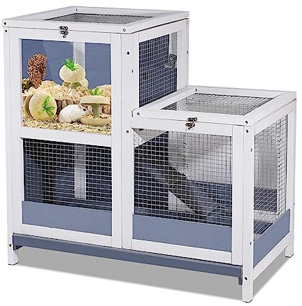 2-Story Guinea Pig Cages Wooden Indoor Rabbit Hutch Hamster Cage with Openable Roofs, Removable Tray and Wide Ramp, Small Animal Habitats for Hamsters, Guinea Pig, Ferrets, Hedgehog