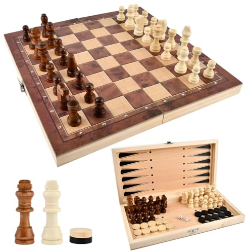 ANNTIM 29x29cm Schachspiel Holz, 3 in 1 Schachbrett Holz Hochwertig, Chess Board Klappbar Schach Tragbar Schach Reisespiel für Party Familie Aktivitäten, Reiseschach