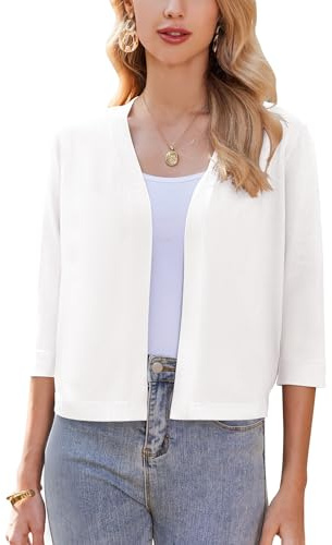 Zeagoo Bolero da Donna Elegante Bolero Aperto sul Fronte Giacca Corta Casual Cardigan Manica a 3/4 Cardigan Solido Top Bianco L