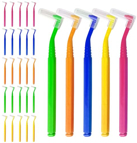 SKHAOVS Interdentalbürsten, L-förmige Interdentalbürsten mit rutschfestem Griff, 5 Farben, 25 Stück