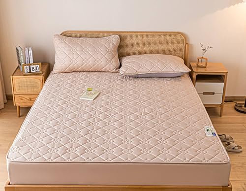 Musihy Spannbettlaken 150 x 200cm Polyester Gitter Floral Strukturiert Bettwäsche Spannbetttuch Matratzenschoner, Atmungsaktiv und komfortabel, Helles Khaki