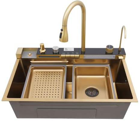 Multifunktionell diskbänk, vattenfallshandfat, utdragbar kran, olika utloppsvarianter, med kopprenare och dispenser för diskmedel, 75 x 46 x 22 cm, guldfärgad diskbänk
