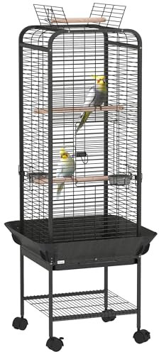 PawHut Gabbia per pappagalli con ruote, posatoi, mangiatoie e vassoio rimovibile per pappagalli 62,5x62,5x146 cm Grigio scuro