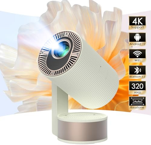 Nsyee Mini 4K Projector, Automatic Keystone Correction, 270° Rotating and 320ASIN with 5G WIFI and 5.2 Bluetooth, Support 4K 1080P and Android 12, Portable for Movies and Phone Projection, White
