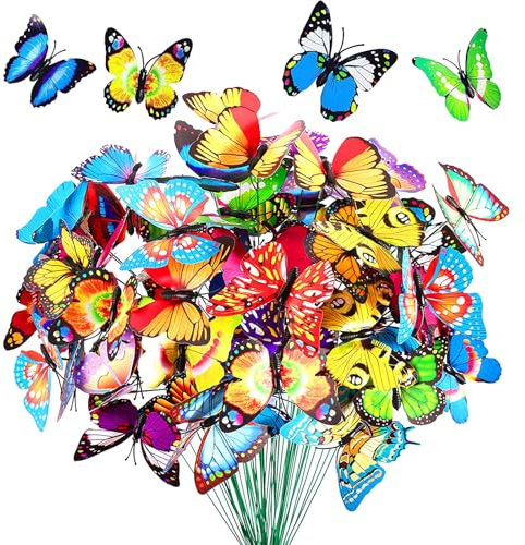 60Pcs Garden Butterflies on Sticks, Garden Ornaments Outdoor, 9cm Colourful Butterfly Accessories, for Flower Pot/Plant/Yard/Spring Decoration