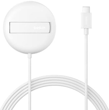 Belkin Magnetisches Kabelloses Ladegerät (15W) mit Ständer – zertifiziertes MagSafe Ladegerät, Qi2 Ladestation für iPhone 16, 15, 14, Samsung Galaxy S25, S24, AirPods usw. (ohne Netzteil) – Weiß