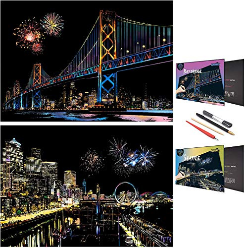 SiYear Scratch Art Painting Paper Set for Adults Kids,Landmark Building City Series Night Scene,Scratchboard Creative Gift DIY Foil Engraving Crafts with 4 Tools (A3-Seattle + Bay Bridge