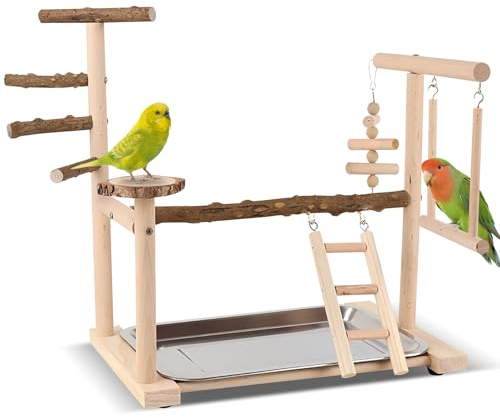 PRITOK Wooden Parrot Stand Playground with Perches: Bird Playground, Natural Wooden Playgym Exercise Toys, Training Stand Pole and Removable Tray for Cockatiels, Budgies, Lovebirds (36 x 23 x 39cm)