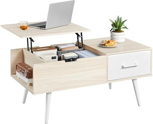 Yaheetech Tavolino da Salotto Sollevabile, Tavolino da Caffè Contenitore in Legno con Piano Rialzabile, Scomparto Nascosto e Cassetto, per Divano Soggiorno, 100 × 50 × 45,5-59 cm, Legno Chiaro