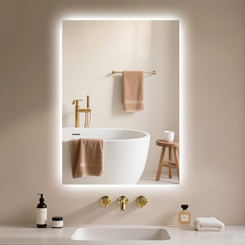 Archaluxe Badspiegel-mit-Beleuchtung 40x60cm - Badezimmerspiegel LED Badezimmer Spiegel mit Beleuchtung, Touch-Schalter, Dimmbar, 3 Lichtfarben, Wandspiegel Led-Spiegel-Bad Horizontal/Vertikal