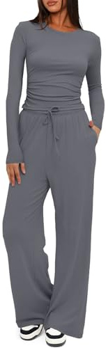 Yutdeng Two Piece Sets for Women Tracksuit Full Set Long Sleeve Tops and Drawstring Elasticized Waist Wide Leg Trousers Casual Lounge Wear Coord Sets Matching Activewear Gym Sets