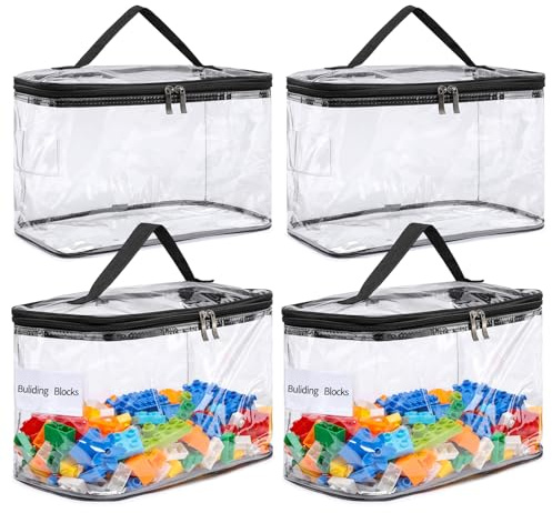 4 pack Large Clear Storage Bag for Toys with Name Tag, Waterproof Duty PVC Toy Organizer Case for Board Games, Building Blocks, Puzzles, Stationery, Small Item Storage Bins(12.6 × 7.9 × 6.3 in)