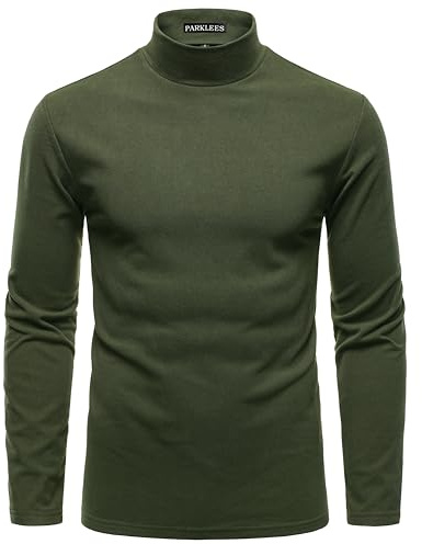 PARKLEES Men's Mock Turtleneck Jumper Slim Fit Long Sleeve Micro Fleece Sweater Stretch Thermal Base Pullover Army Green Large