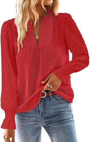 TUUHAW Blusa Mujer Manga Larga Boho Top con Mangas de Volantes Camisa Elegante con Cuello en V Casual Elegante Otoño Bordado Encaje Túnica Color Sólido Camiseta Rojo XL