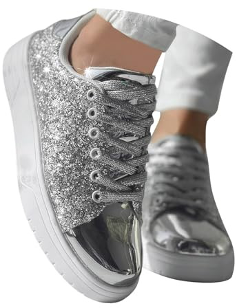 Generisch Elegantes zapatos con cordones con brillo para mujer, cómodas zapatillas de temperamento, plata, 38 EU