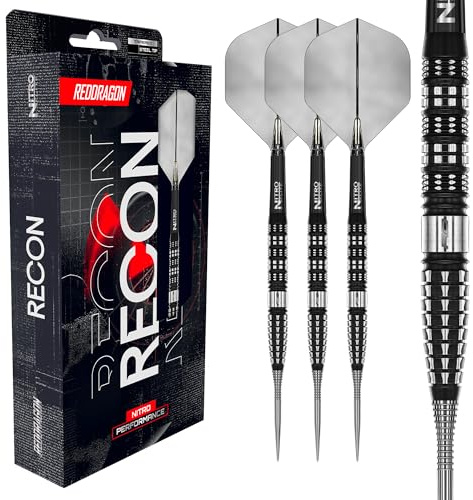 Röd DRAGON Darts – Recon-serien – 23 g Tapered Tunna Steelarts – dartpilar metallspets – 90 % volfram professionell dartpilar – Nitro Flite integrerad flyg/schakt, dartvingar och skaft