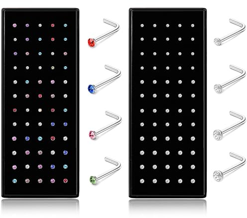 Dochais Hypoallergenic Nose Studs for Women Men 316L Stainless Steel Silver | CZ Diamond Nose Piercing Jewelry L Shaped Studs Rings Bone Stud Screw Piercings 20G 22G 1.5mm 2mm 2.5mm 3mm 120 Pieces