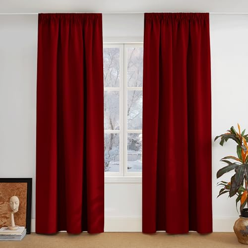 PONY DANCE Blackout Pencil Pleat Curtains, Red, W66 x L90 Inch, 2 Panels | Thermal Insulated Curtains with Noise Reducing & Privacy, Luxury Soft Window Treatment for Bedroom & Living Room