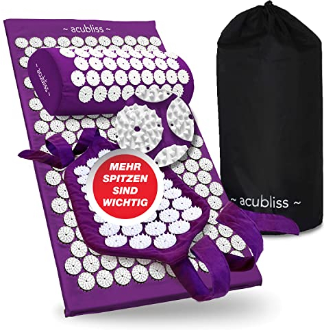 Acubliss Premium Acupressure Mat and Pillow Set and Strap — Massage Mat for Neck and Back Pain Relief — Acupuncture Mat and Pillow for Increased Energy & Relaxation — 3-Piece Set, Carry Bag, Purple