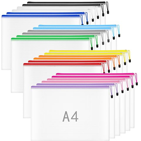 24PCS Plastic Wallets Folders A4 Zip Wallet - Plastic Wallet A4 Zip Lock Bags Document Folder Extra Thick Mesh Zipper Bag for Office School Home Travel Storage | Robust PVC document bag, zip, document bag, waterproof for office, school, household and travel