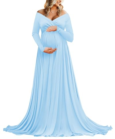 Saslax Abito Premaman con Spalle Scoperte a semicerchio per Baby Shower Photo Props Dress, N-Azzurro 59, M