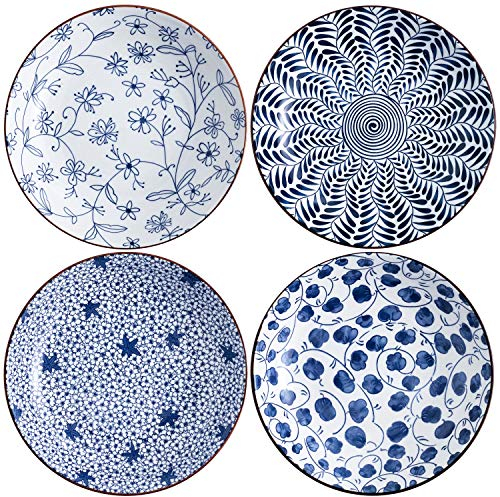 Swuut Keramik Pastateller Set von 4, Blau und Weiß Porzellan 20cm Salatschüsseln, Abendessen Flache Teller Servieren Vorspeise Salat Dessert Snack Schale (20cm)