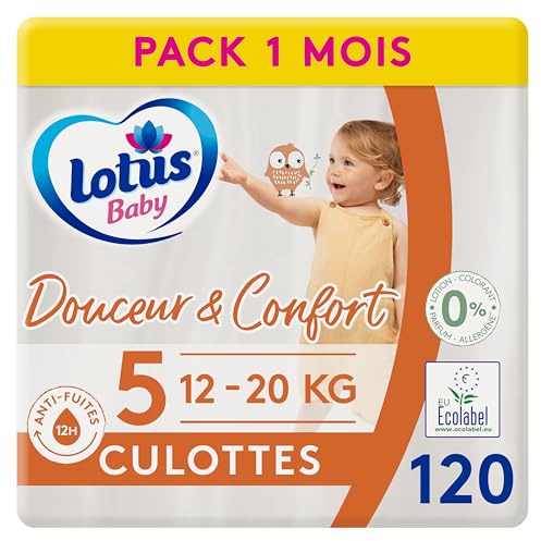 Lotus Baby Douceur & Confort - Couches-culottes Bébé Taille 5 (enfant 12-20 kg) Pack 1 Mois - 120 Culottes