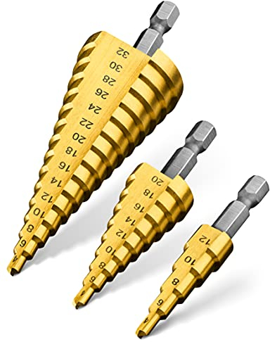 Pinava® HSS Stufenbohrer Set 3tlg - [robust & scharf] - Kegelbohrer für saubere Bohrlöcher - Schälbohrer ideal für Metall, Holz, Kunststoffe - Blechbohrer, Konusbohrer Ø 4-32mm, 4-20mm, 4-12mm